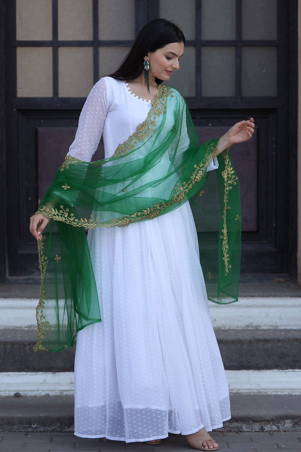 Beautiful White Faux Georgette Gown With Green Dupatta