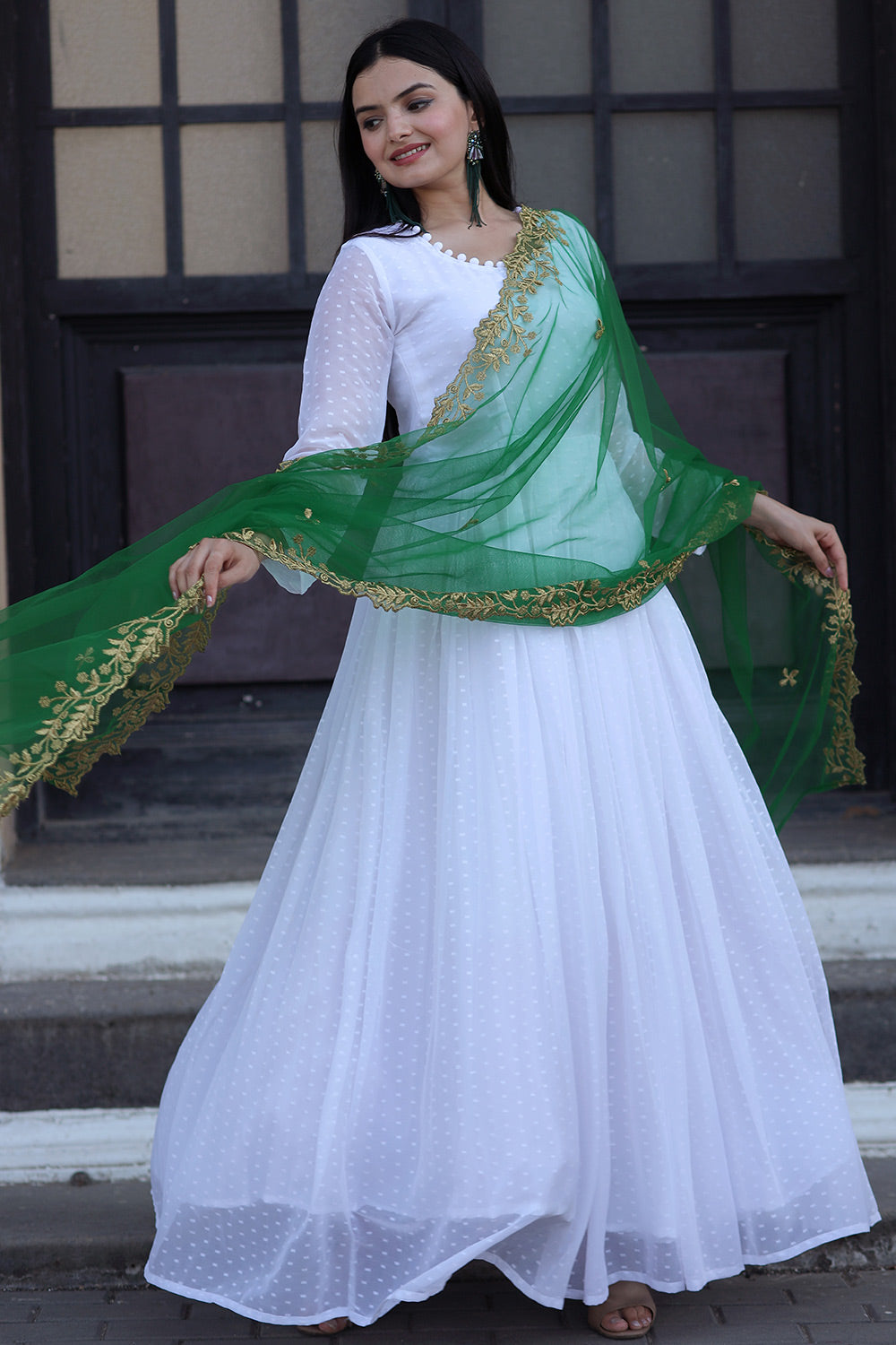 Beautiful White Faux Georgette Gown With Green Dupatta