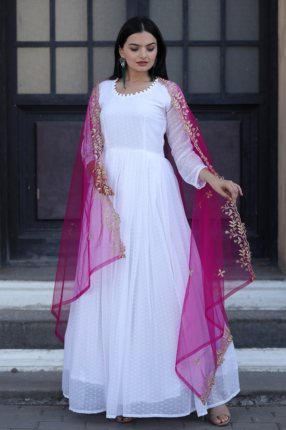 White Faux Georgette Gown With Pink Dupatta