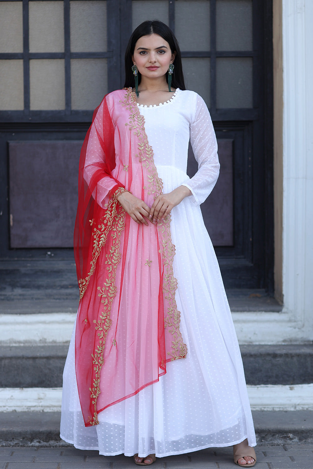 Classic White Faux Georgette Gown With Red Dupatta