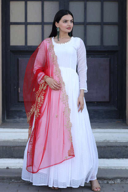 Classic White Faux Georgette Gown With Red Dupatta