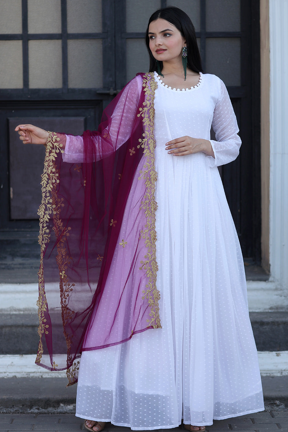 White Faux Georgette Gown With Wine Dupatta