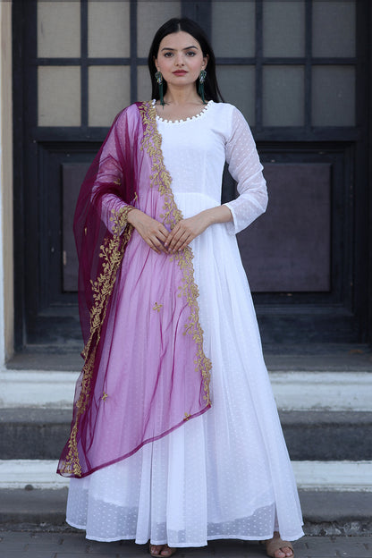 White Faux Georgette Gown With Wine Dupatta