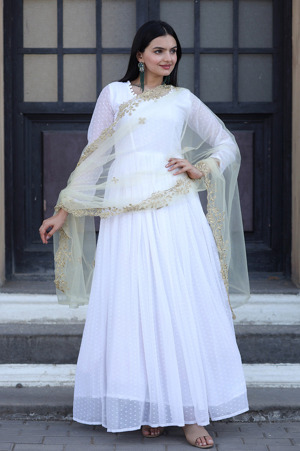 White Faux Georgette Gown With Yellow Dupatta