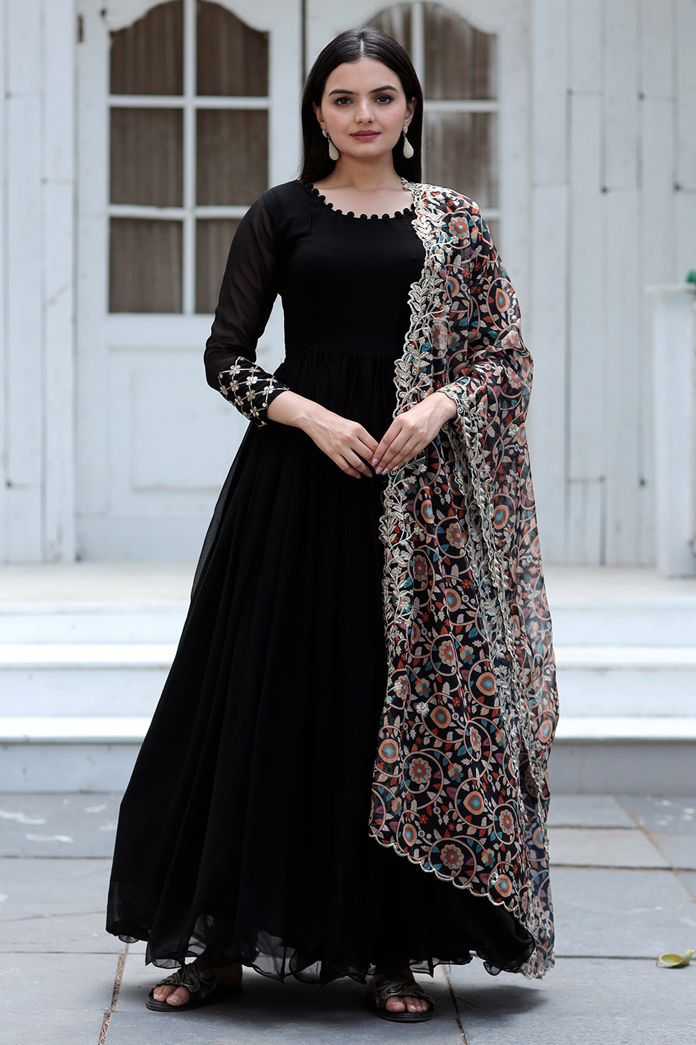 Black Faux Blooming Gown With Soft Organza Dupatta