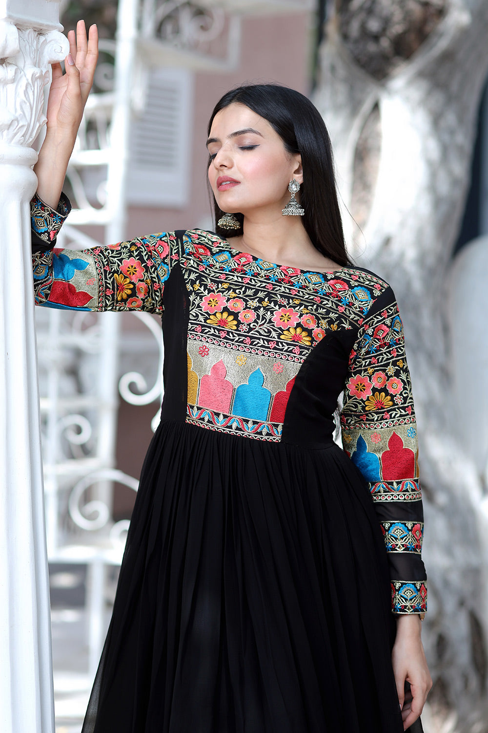Black Faux Blooming Multi-Thread Embroidery Work Gown