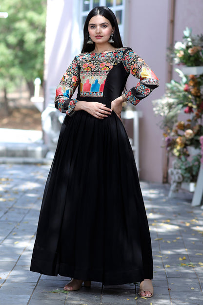 Black Faux Blooming Multi-Thread Embroidery Work Gown