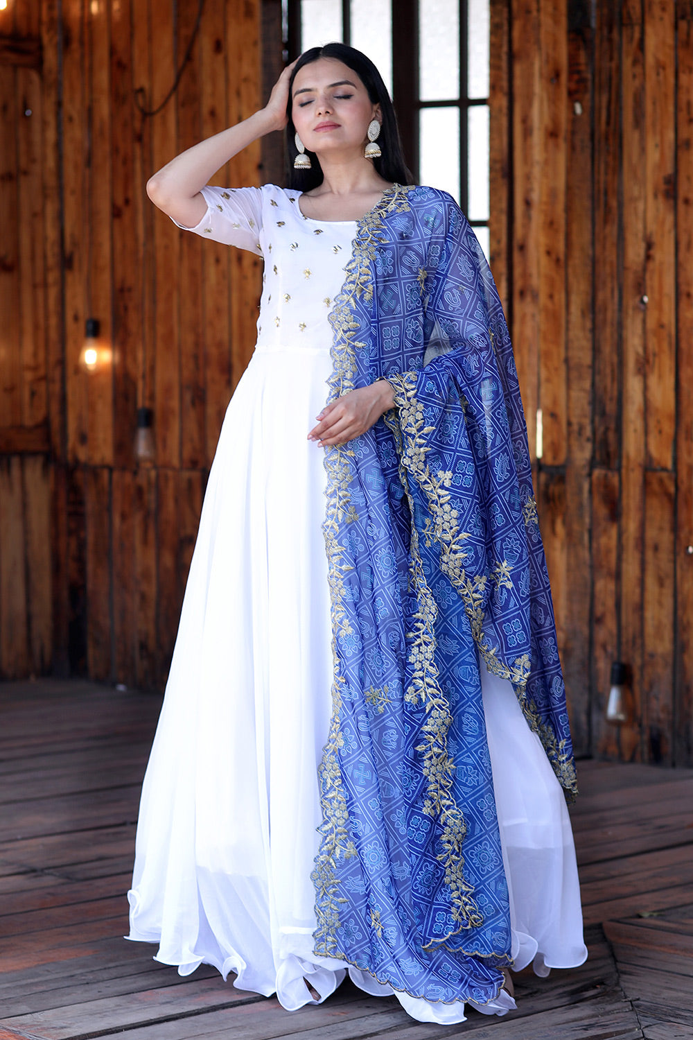 White Faux Georgette Gown With Blue Bandhej Printed Dupatta
