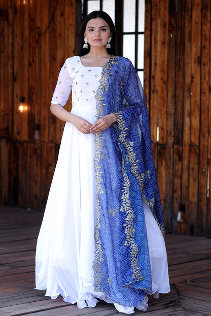 White Faux Georgette Gown With Blue Bandhej Printed Dupatta