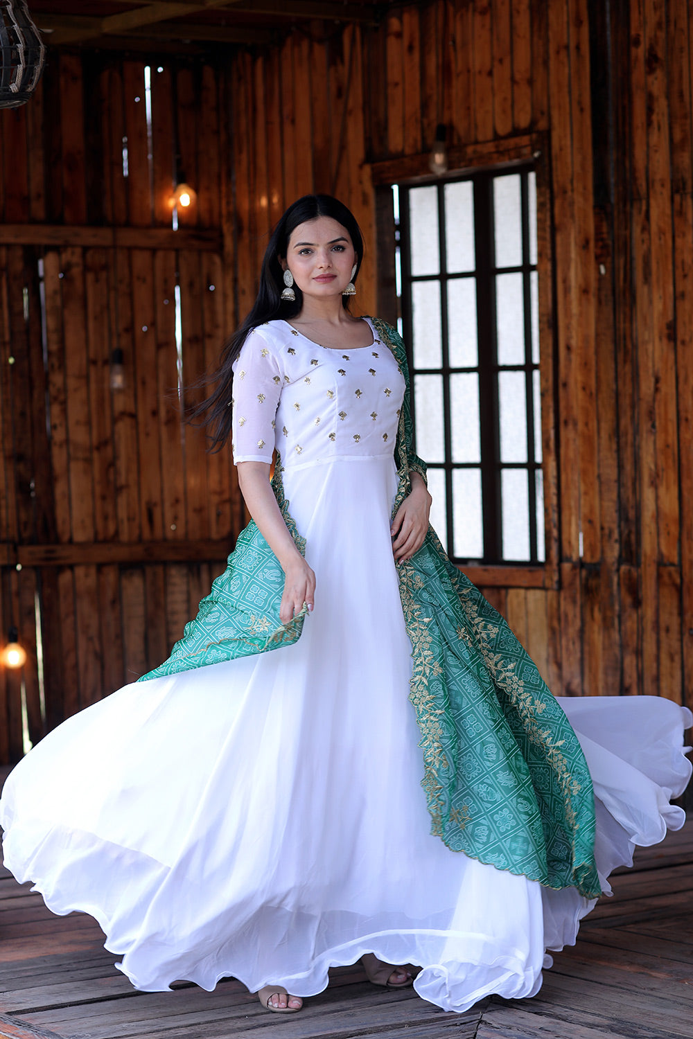 White Faux Georgette Gown With Green Bandhej Printed Dupatta