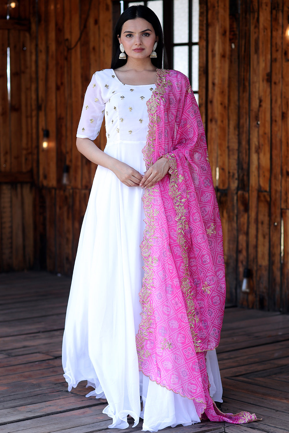 White Faux Georgette Gown With Pink Bandhej Printed Dupatta