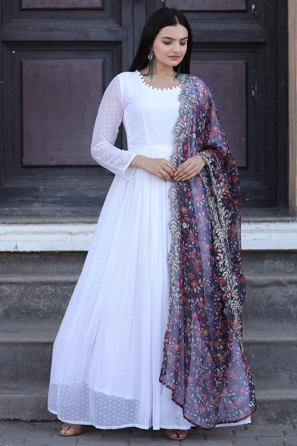 White Georgette Gown With Blue Kalamkari Printed Dupatta