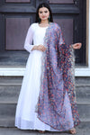 White Georgette Gown With Blue Kalamkari Printed Dupatta