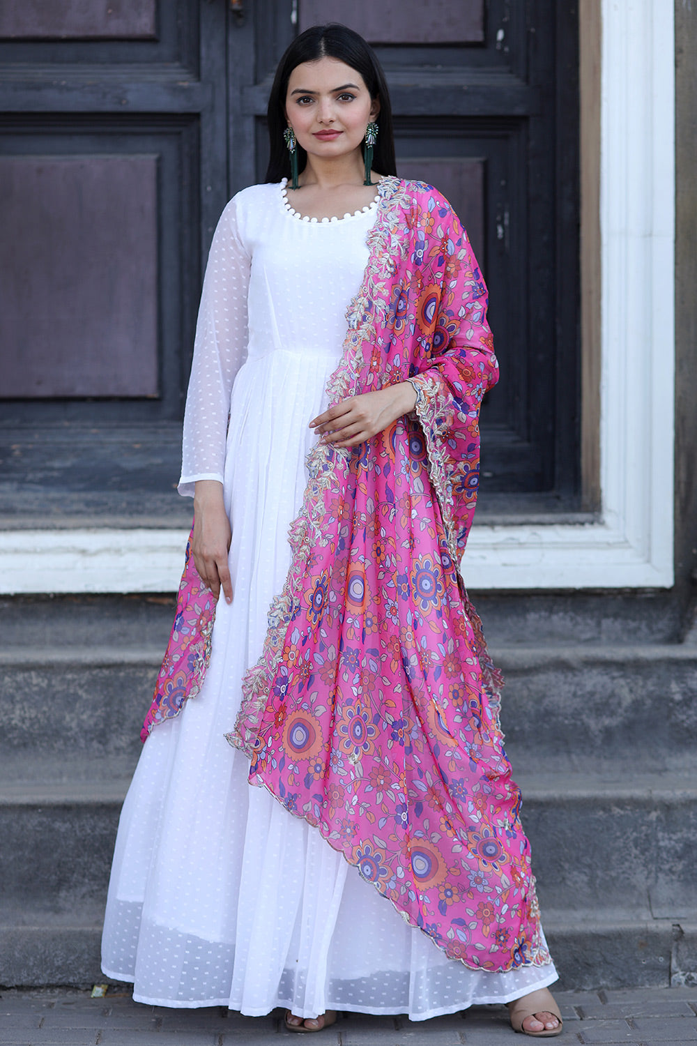 White Georgette Gown With Pink Kalamkari Printed Dupatta