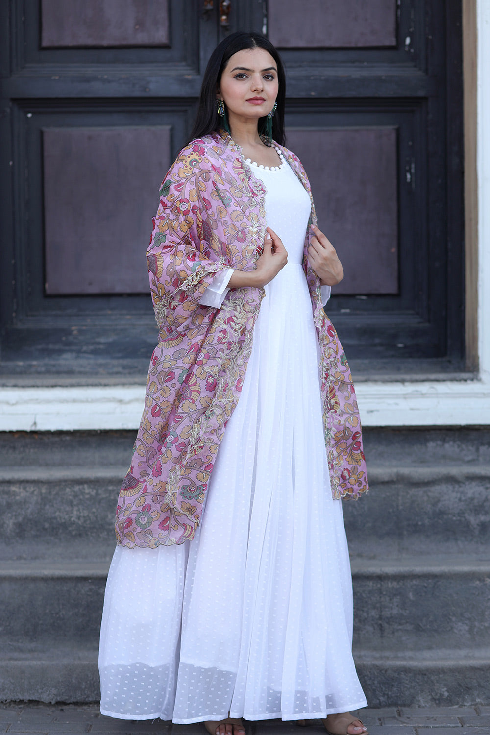 White Georgette Gown With Baby Pink Kalamkari Printed Dupatta