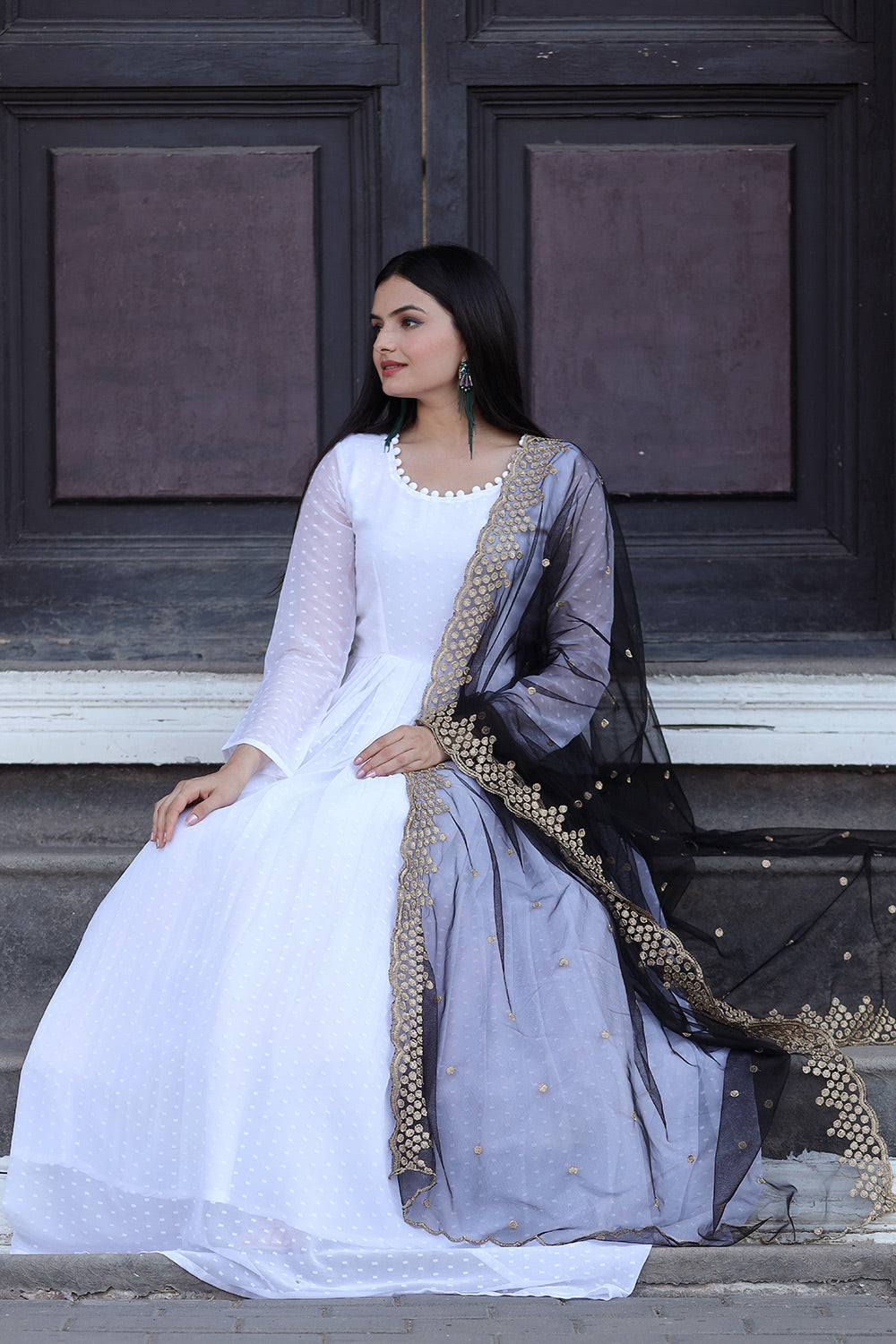 White Georgette Gown With Sequins Embroidery Cutwork Dupatta