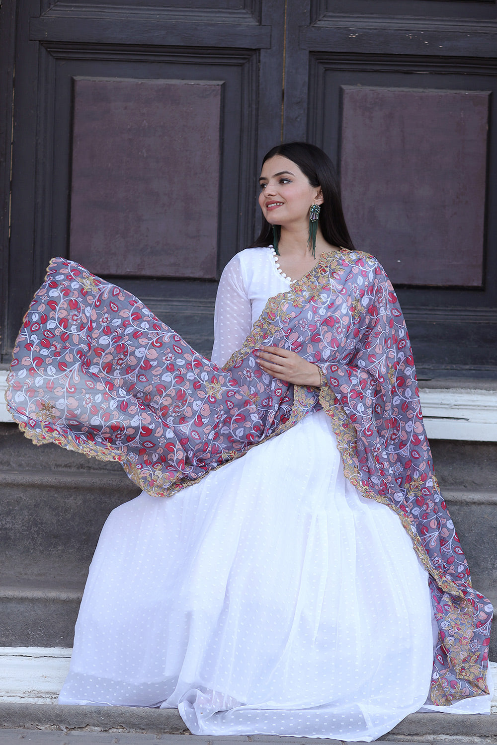 White Georgette Gown With Embroidery Cutwork &amp; Kalamkari Print Dupatta