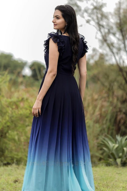 Beautiful Blue Faux Blooming Embroidered Work  Gown
