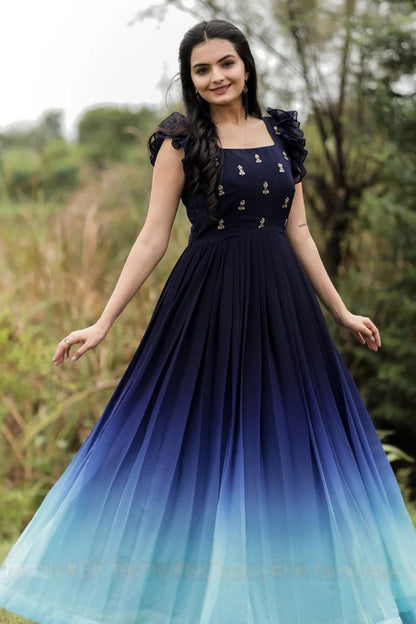 Beautiful Blue Faux Blooming Embroidered Work  Gown