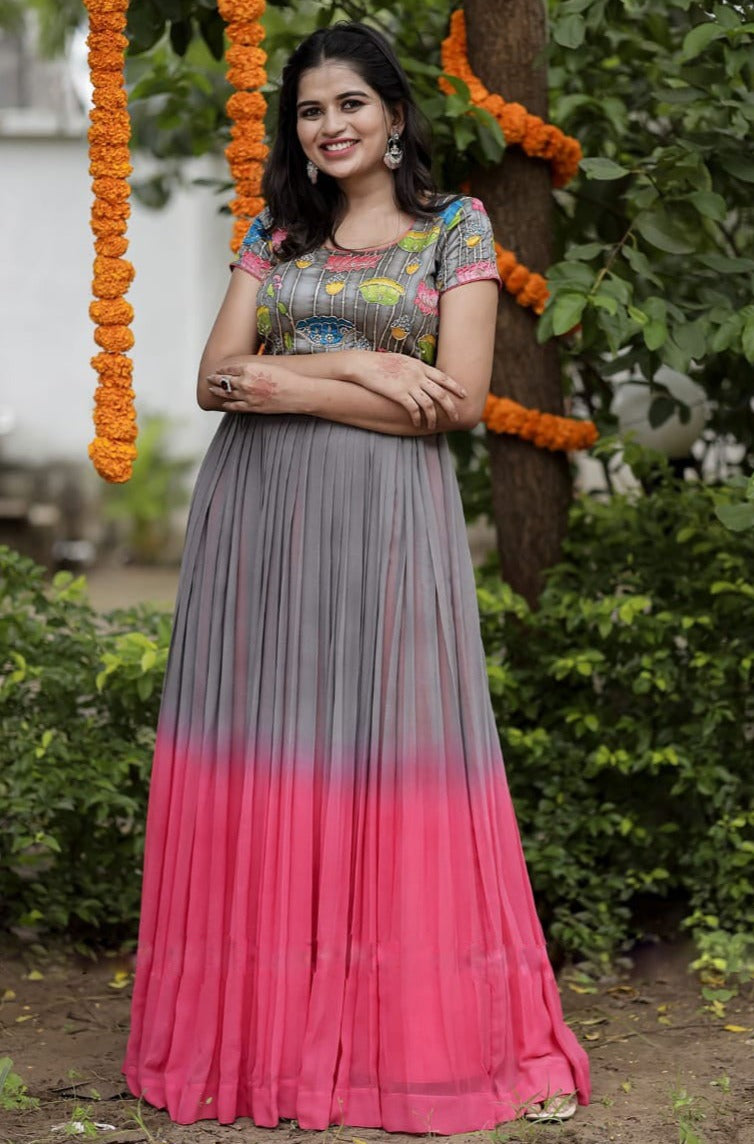 Gray And Pink Satin Faux Georgette Kalamkari Printed Gown
