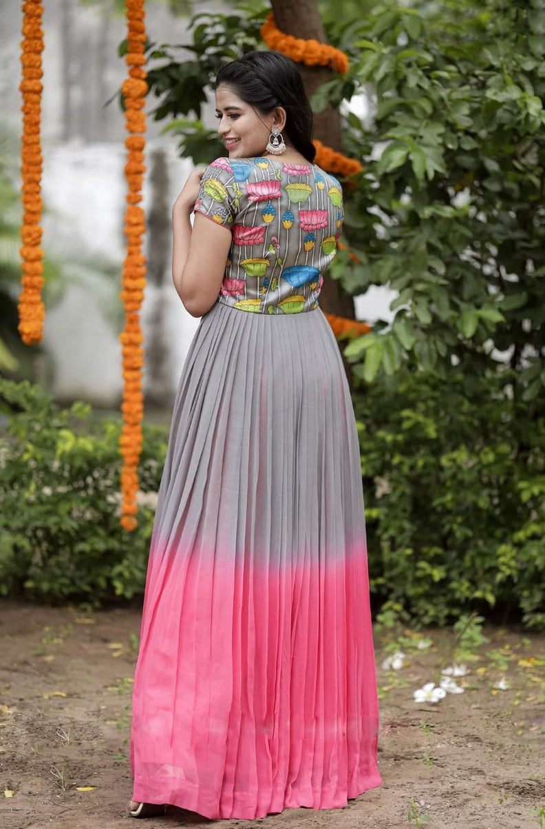 Gray And Pink Satin Faux Georgette Kalamkari Printed Gown