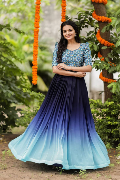 Blue Satin Faux Georgette Printed Gown