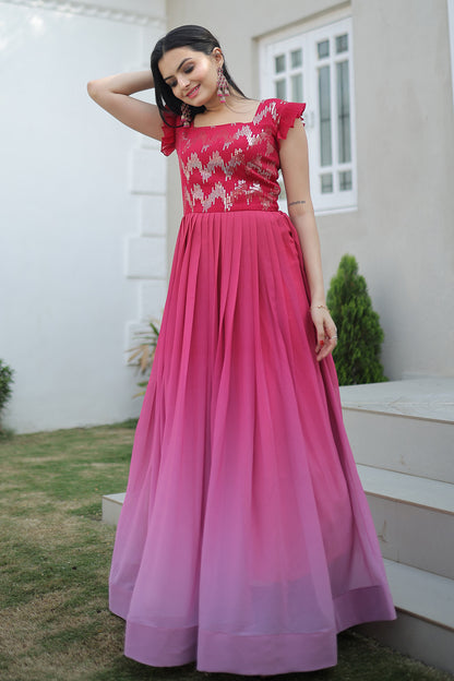 Pink Faux Blooming Sequins Embroidered Work Gown