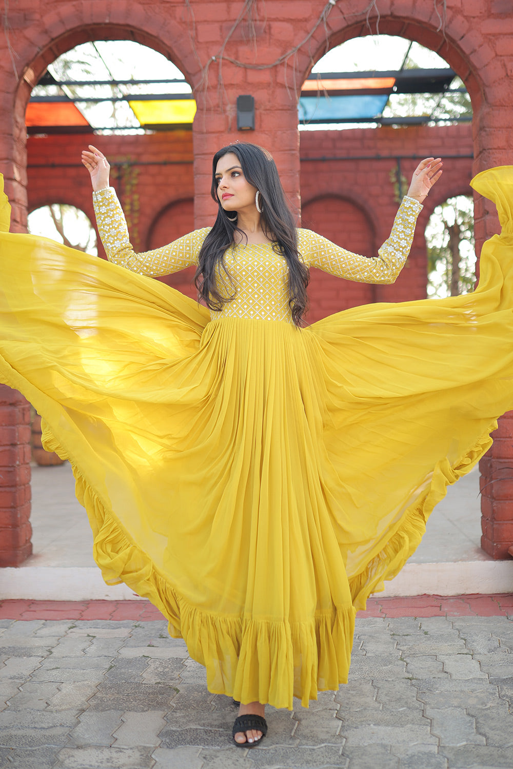 Latest Yellow Faux Blooming Zari Embroidered Work Gown