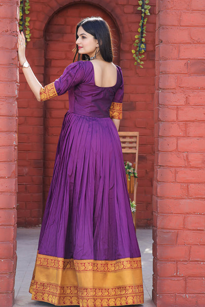 Designer Purple Silk Jequard Weaving Work Gown