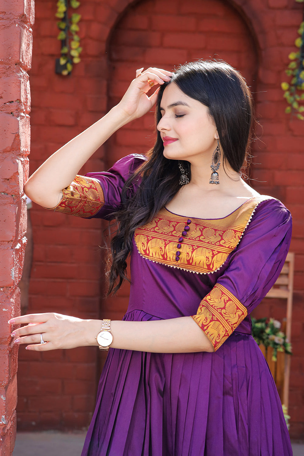 Designer Purple Silk Jequard Weaving Work Gown