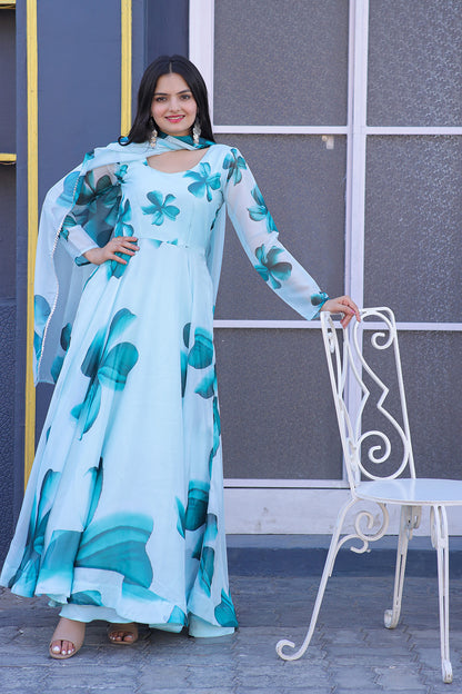 Sky Blue Tebby Silk  With Rich Big Flower Printed Gown