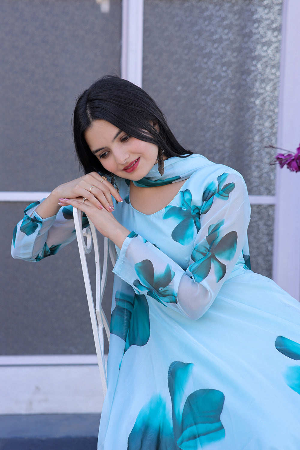 Sky Blue Tebby Silk  With Rich Big Flower Printed Gown