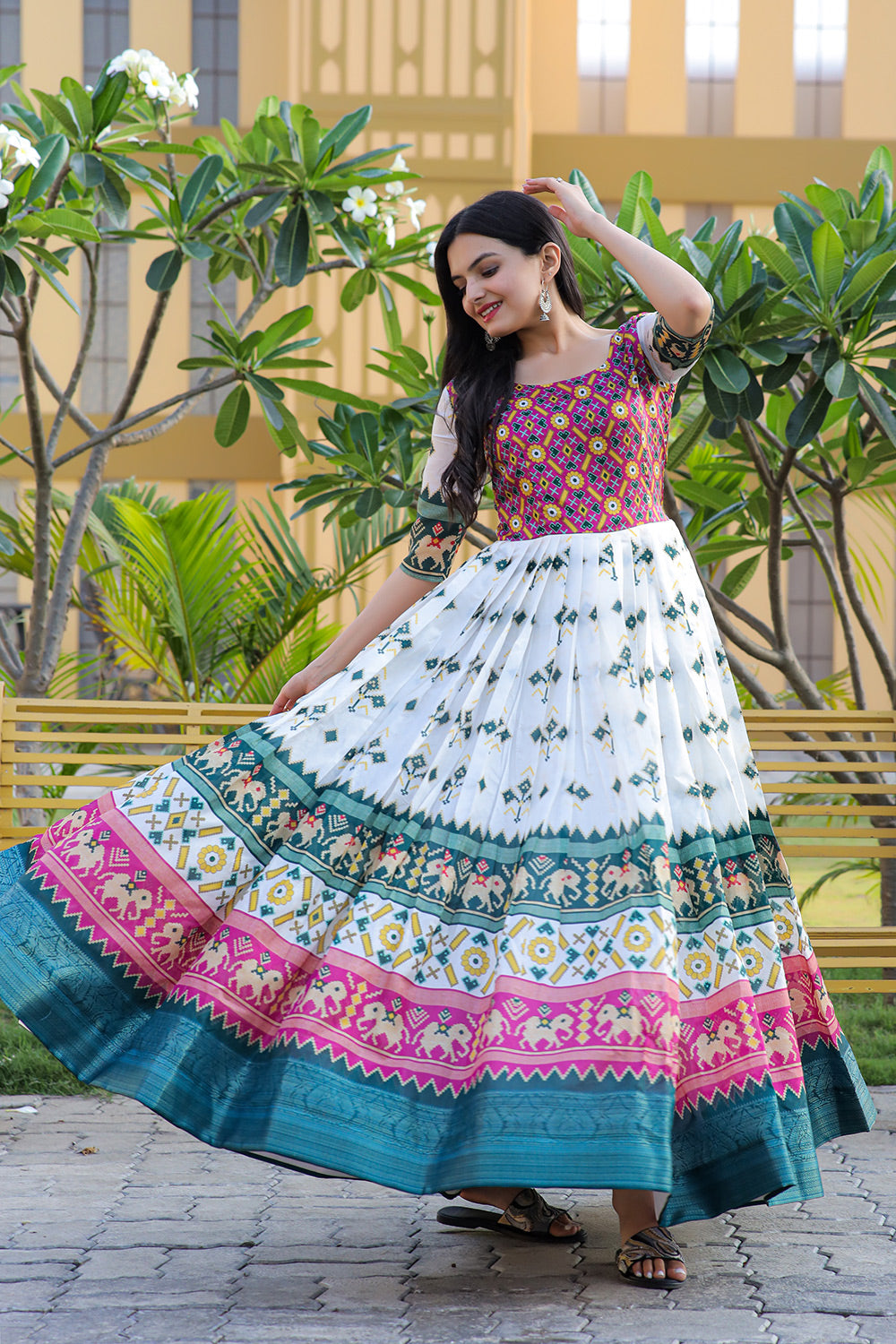 Multi-Coloured Patola Silk Print Patta Work Gown