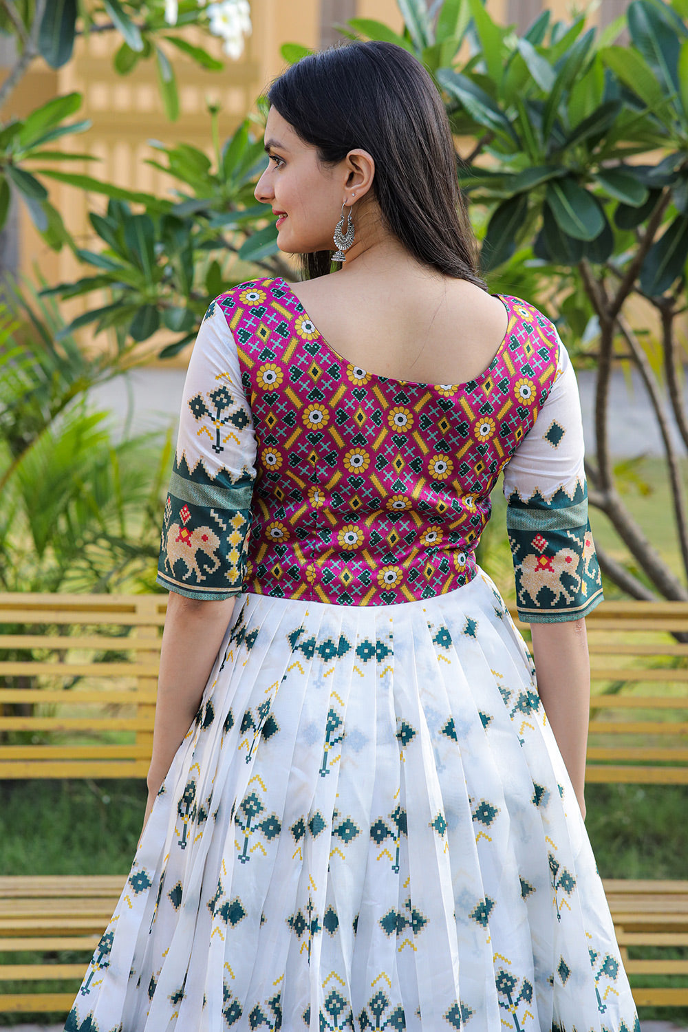 Multi-Coloured Patola Silk Print Patta Work Gown