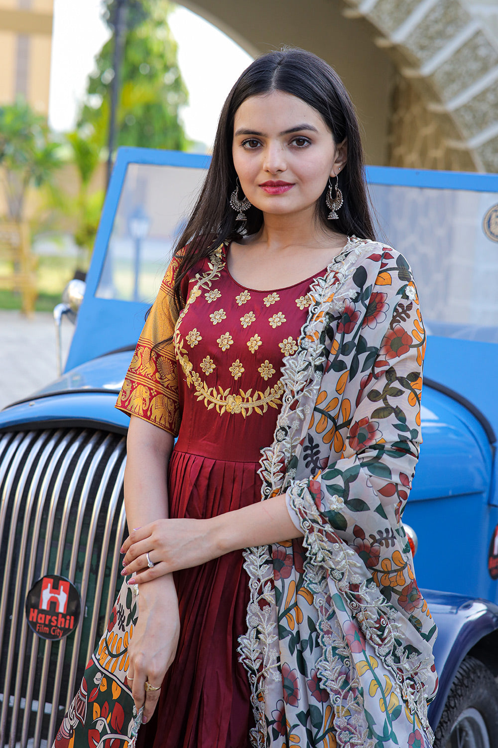 Maroon Tebby Silk Gown With Kalamkari Print Work Dupatta