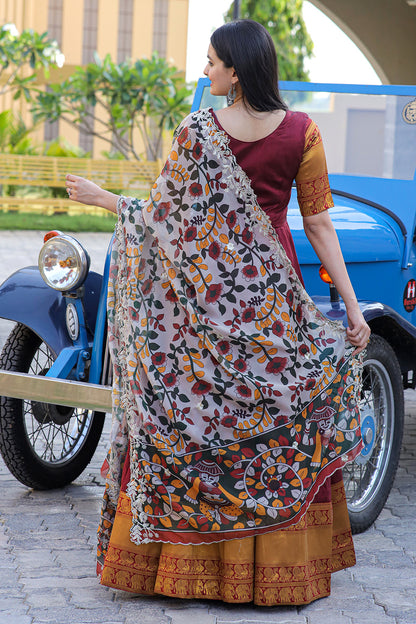 Maroon Tebby Silk Gown With Kalamkari Print Work Dupatta