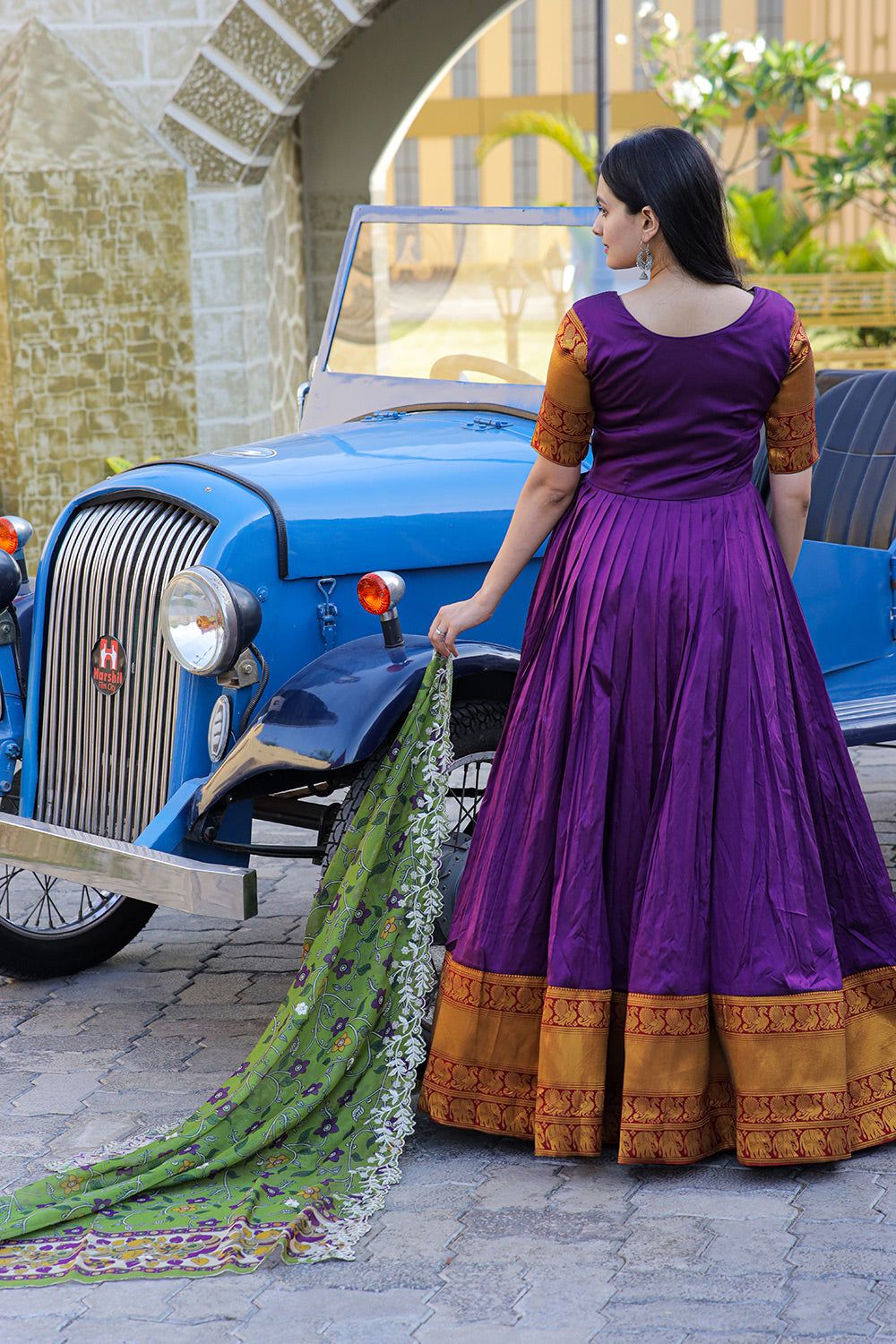 Purple Tebby Silk Gown With Kalamkari Print Work Dupatta