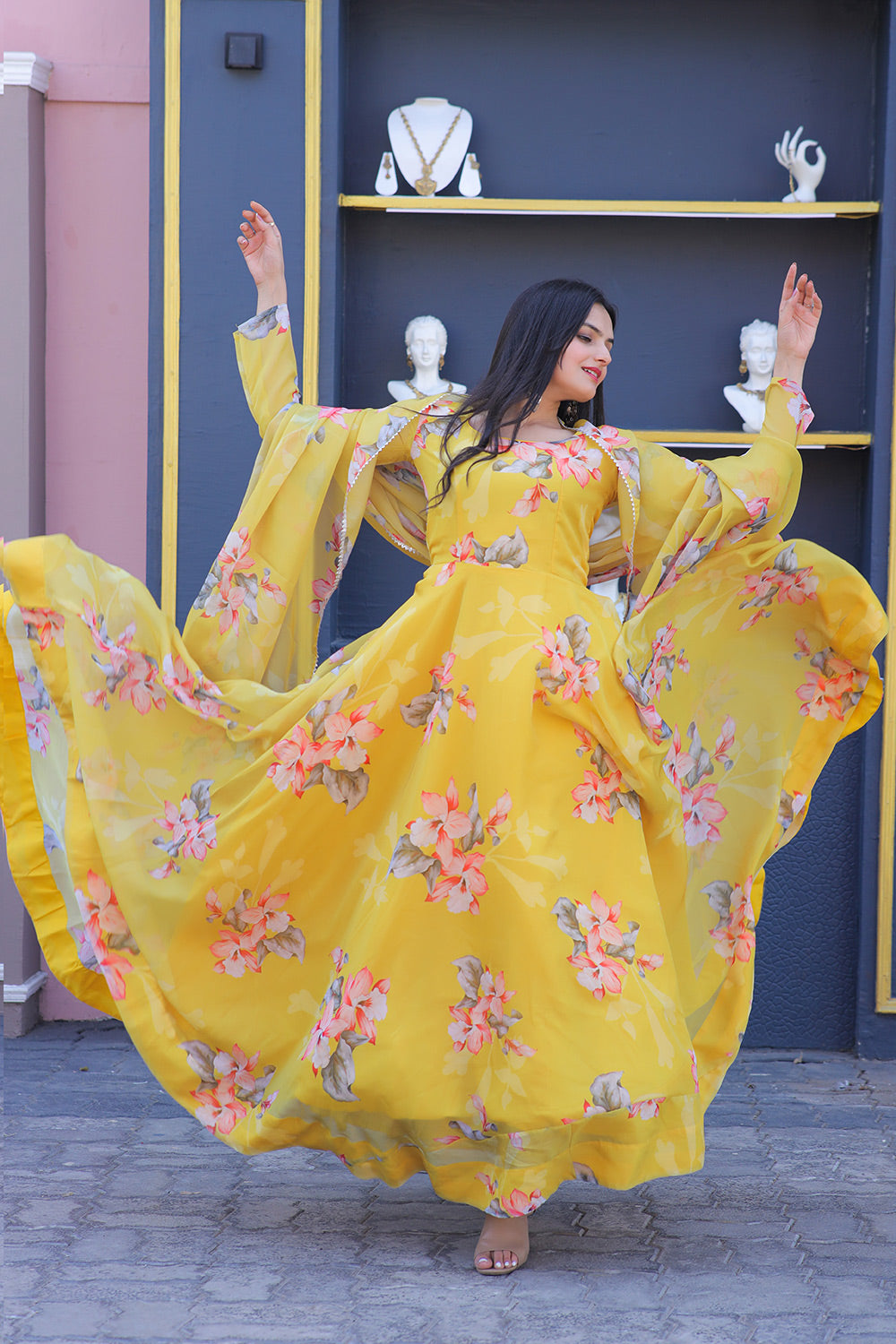 Yellow Tebby Silk Flower Printed Gown With Dupatta