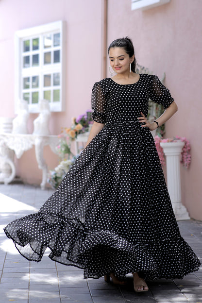 Black Faux Georgette Dot Printed Gown