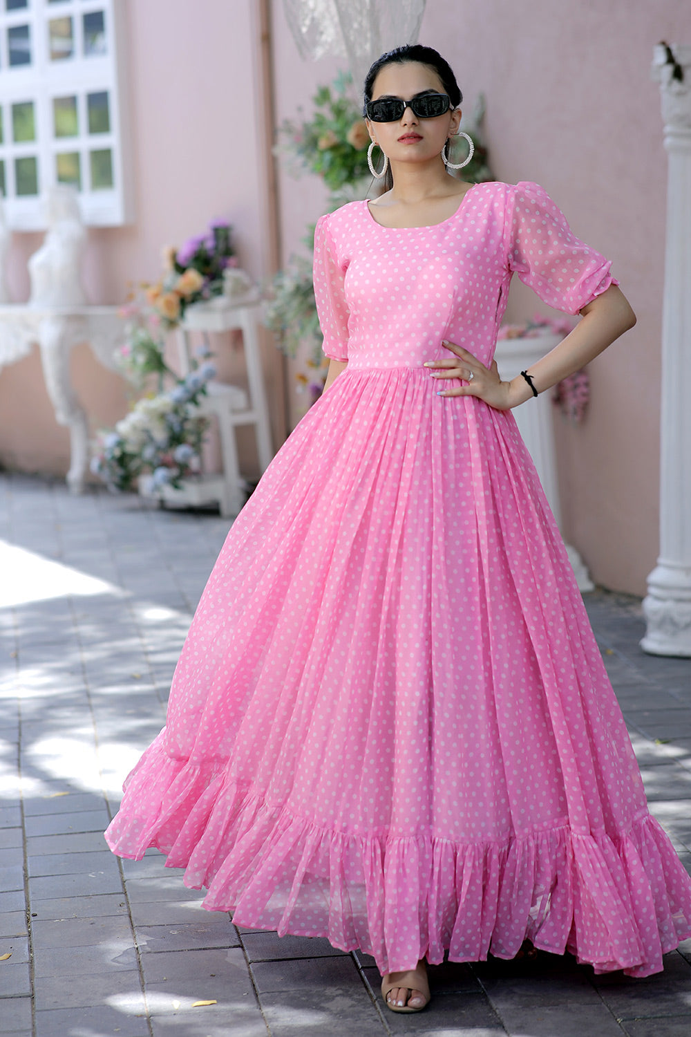 Pink Faux Georgette With Rich Dot Printed work Gown