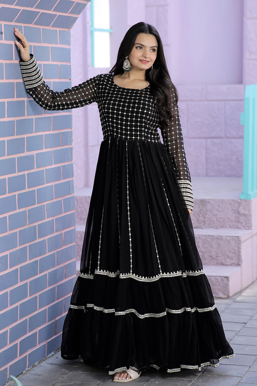 Black Faux Blooming Silver Zari Embroidered Work Gown