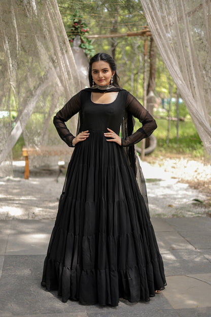Black Faux Blooming Gown With Embroidery &amp; Sequins Work Dupatta
