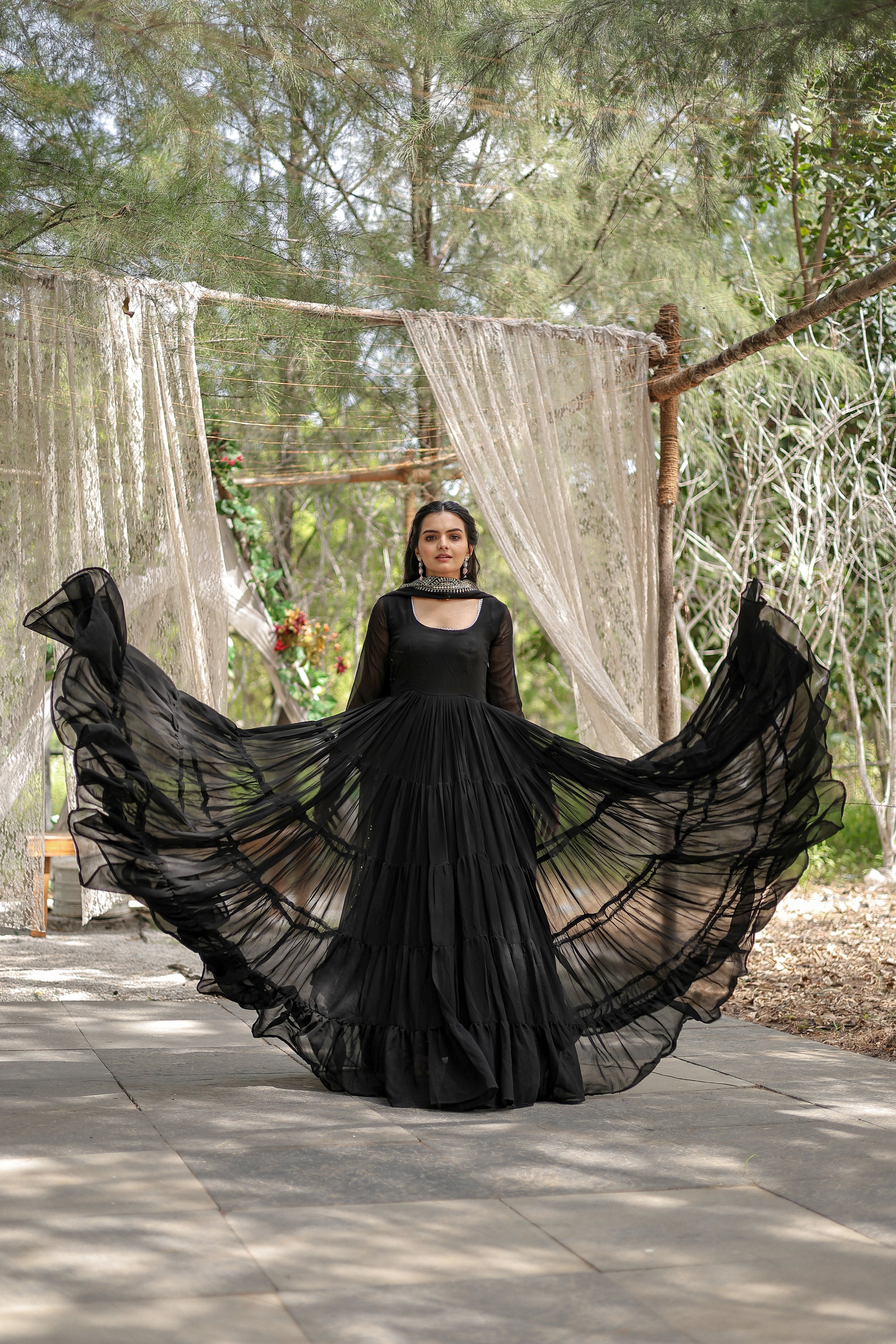 Black Faux Blooming Gown With Embroidery &amp; Sequins Work Dupatta