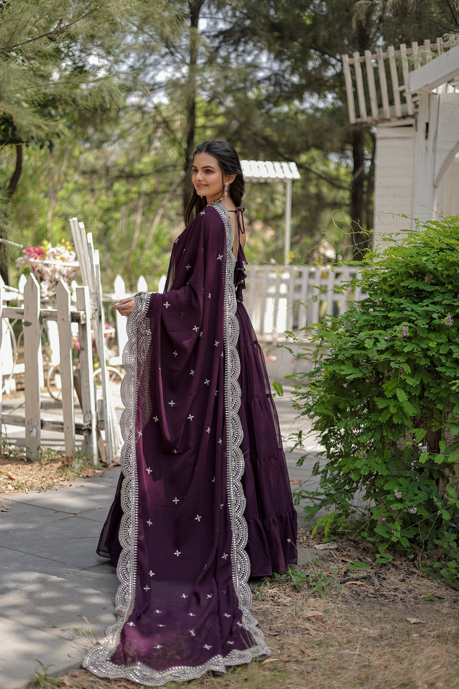 Wine Faux Blooming Gown With Embroidery Work Dupatta