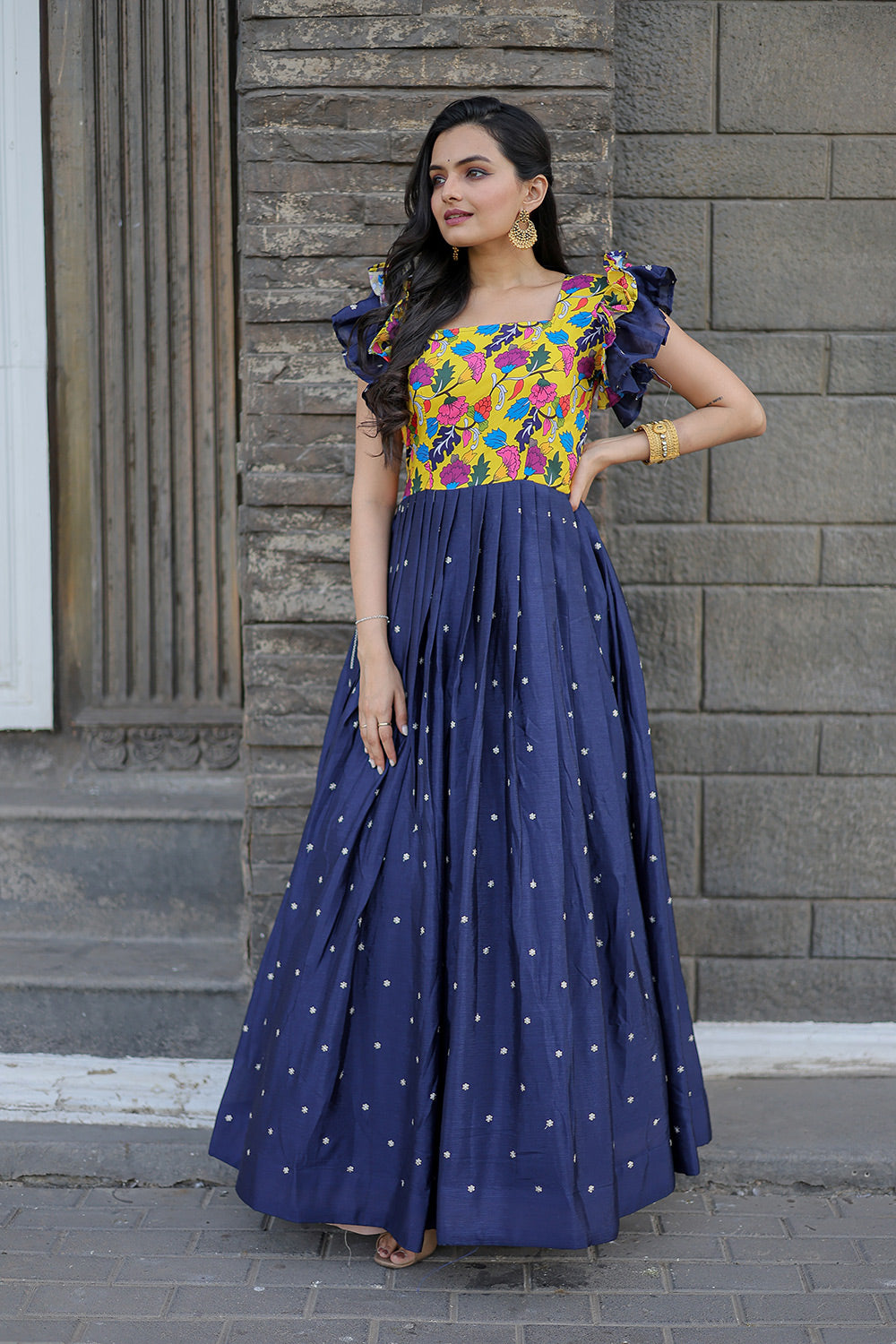 Blue  Chinnon Embroidered Work Gown