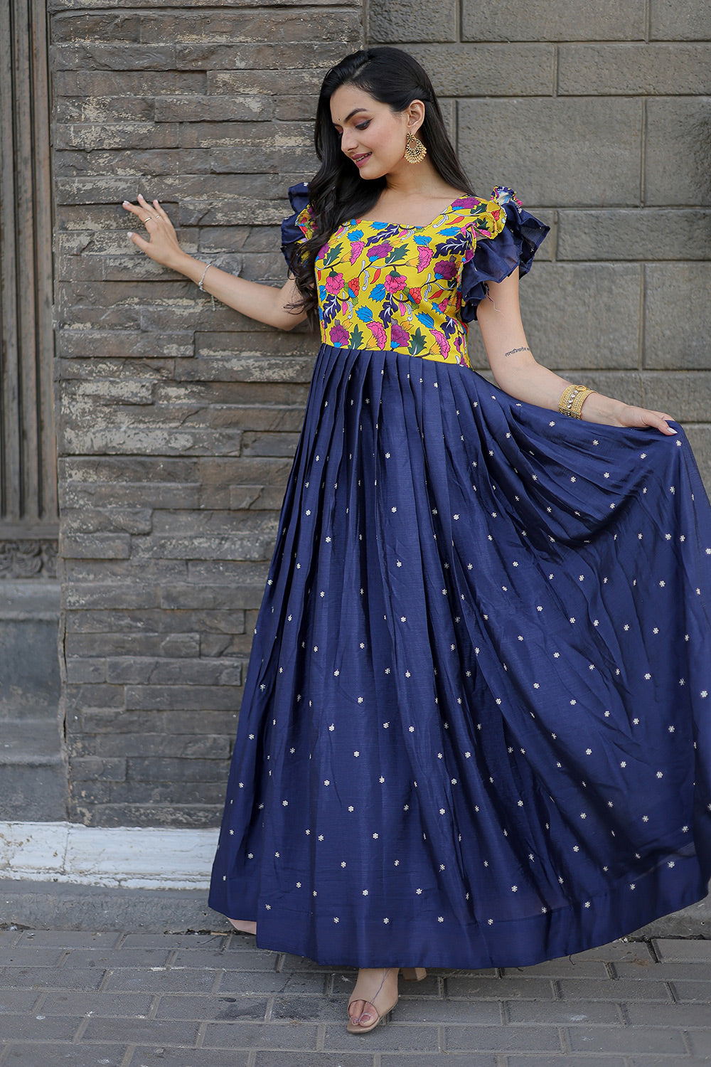 Blue  Chinnon Embroidered Work Gown