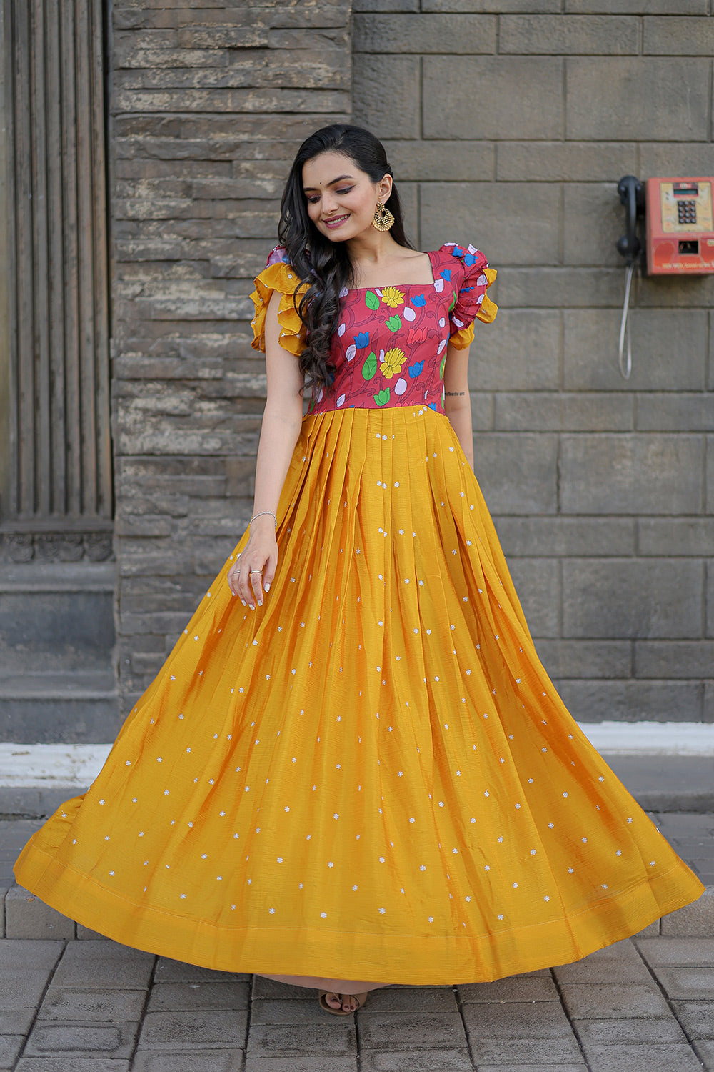 Mustard And Pink Chinnon Embroidered Work Gown