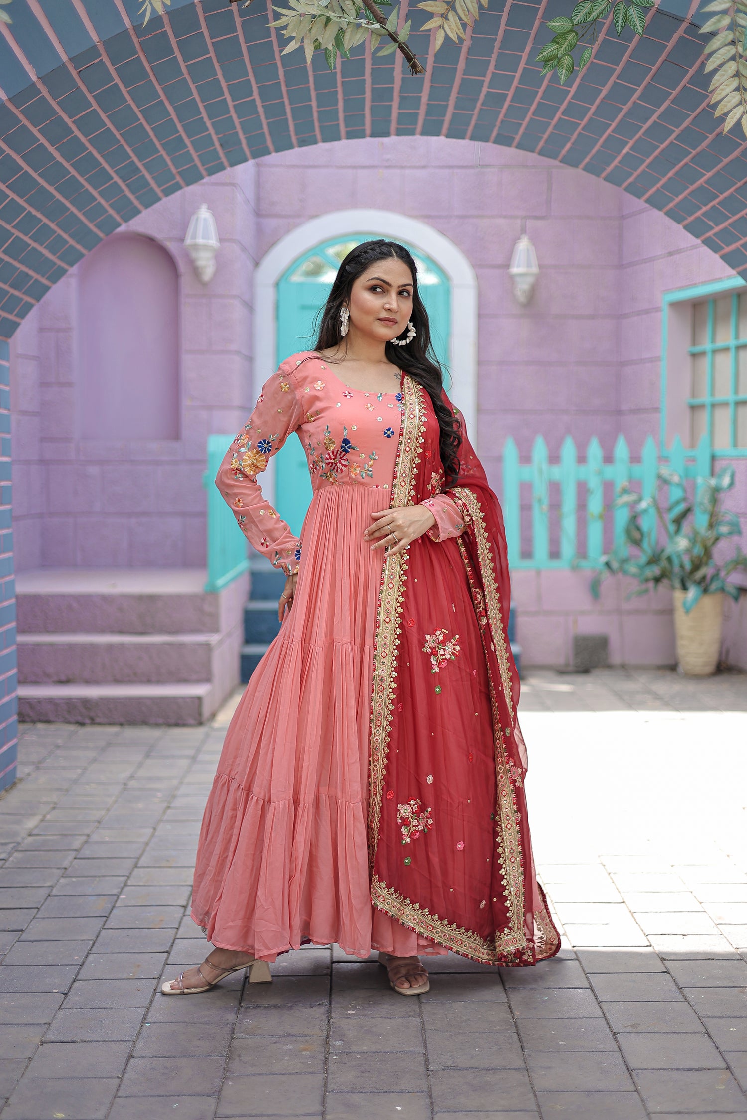 Peach Faux Georgette With Embroidered Thread Work