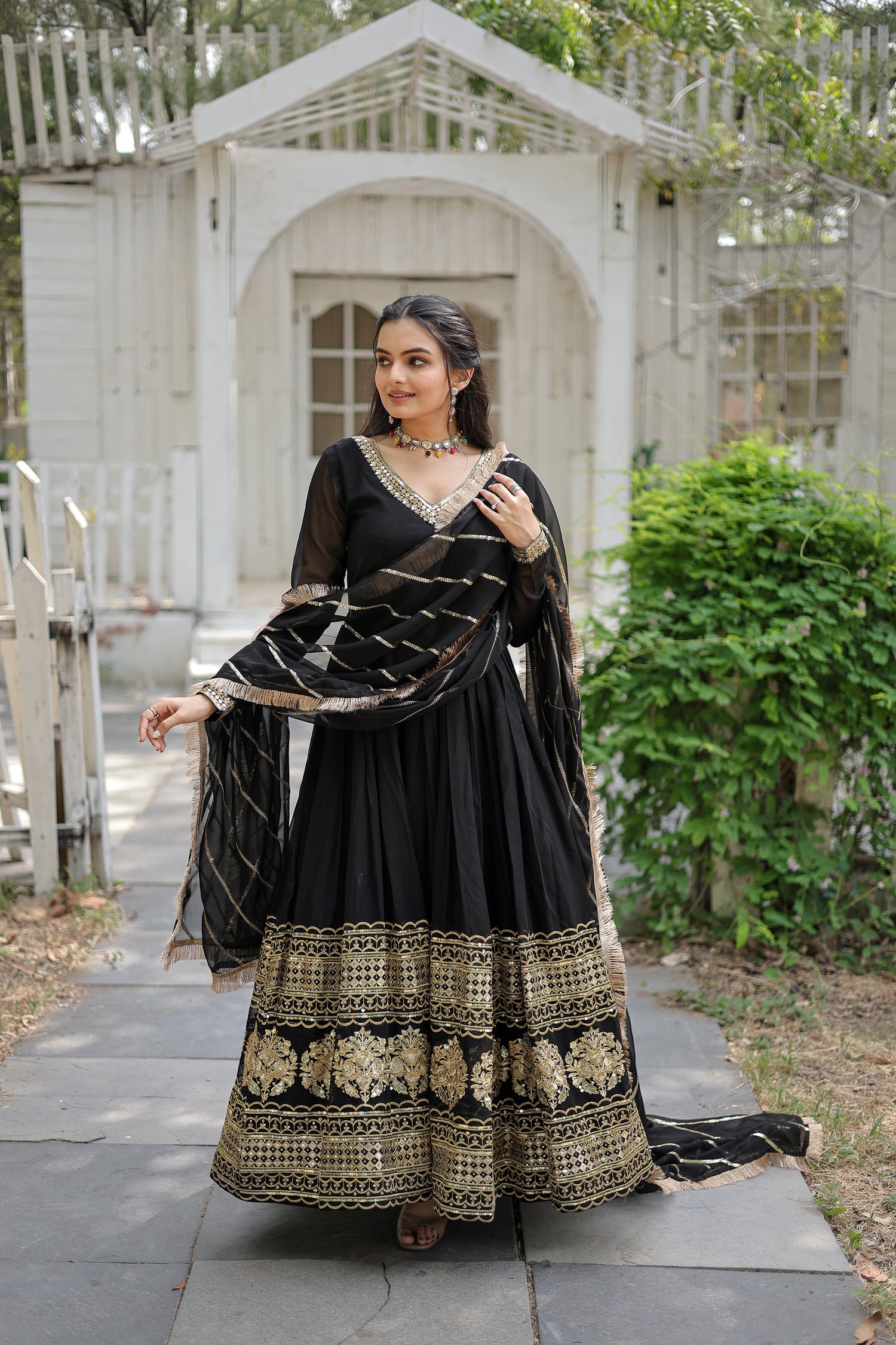Black Faux Blooming With Embroidered Thread Work Gown