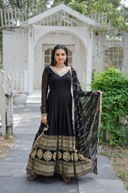Black Faux Blooming With Embroidered Thread Work Gown